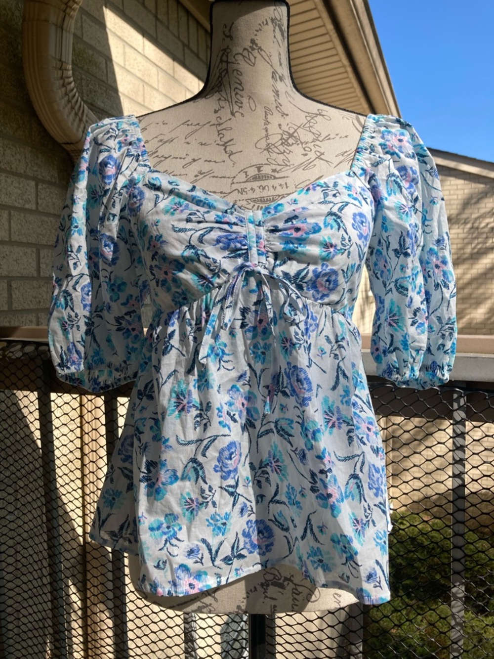 White Blue Floral 100% Cotton Puff Sleeve Blouse